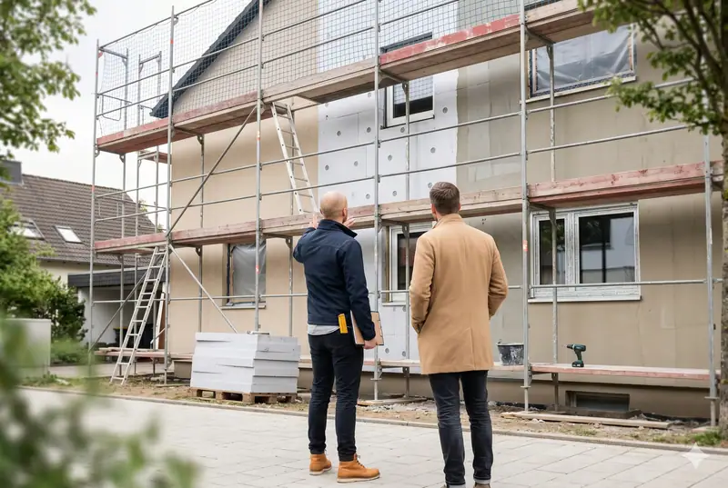 Energieberater und Eigentümer auf der Baustelle vor einem Einfamilienhaus mit neuer Fassadendämmung