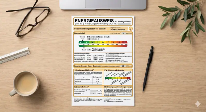 Energieausweis für Wohngebäude nach GEG mit farbiger Effizienzklassen-Skala A+ bis H