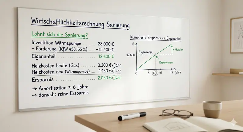 Wirtschaftlichkeitsrechnung einer Sanierung mit Investition, Förderung, Eigenanteil und Amortisation